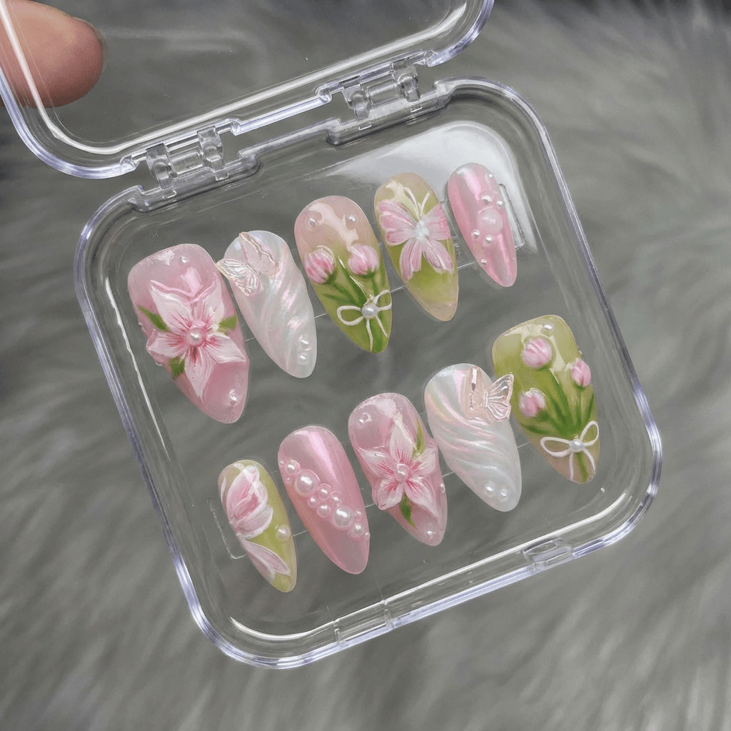 Floral Grace almond press-on nails – design close-up by Handora