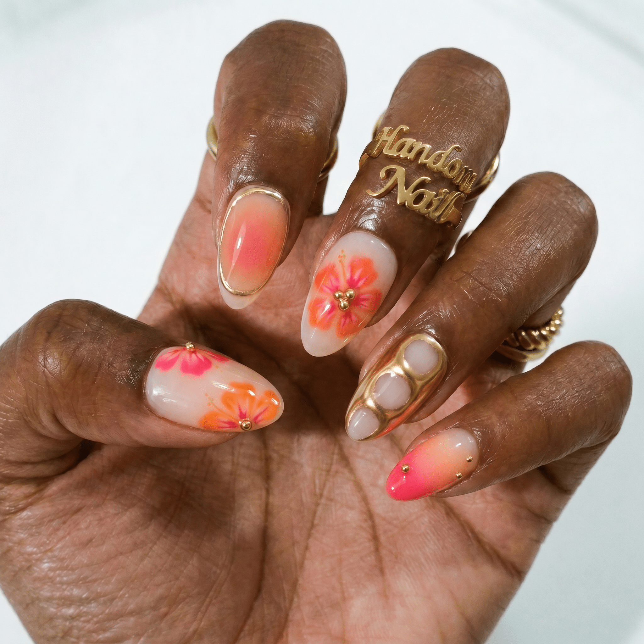 Floral Hibiscus press-on nails – hand-painted reusable gel set by Handora