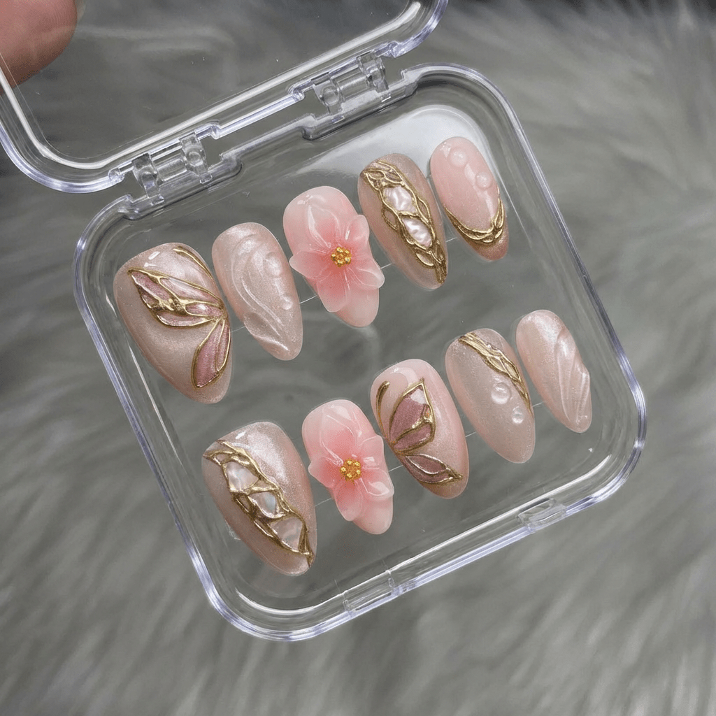 Floral Kintsugi almond press-on nails – design close-up by Handora