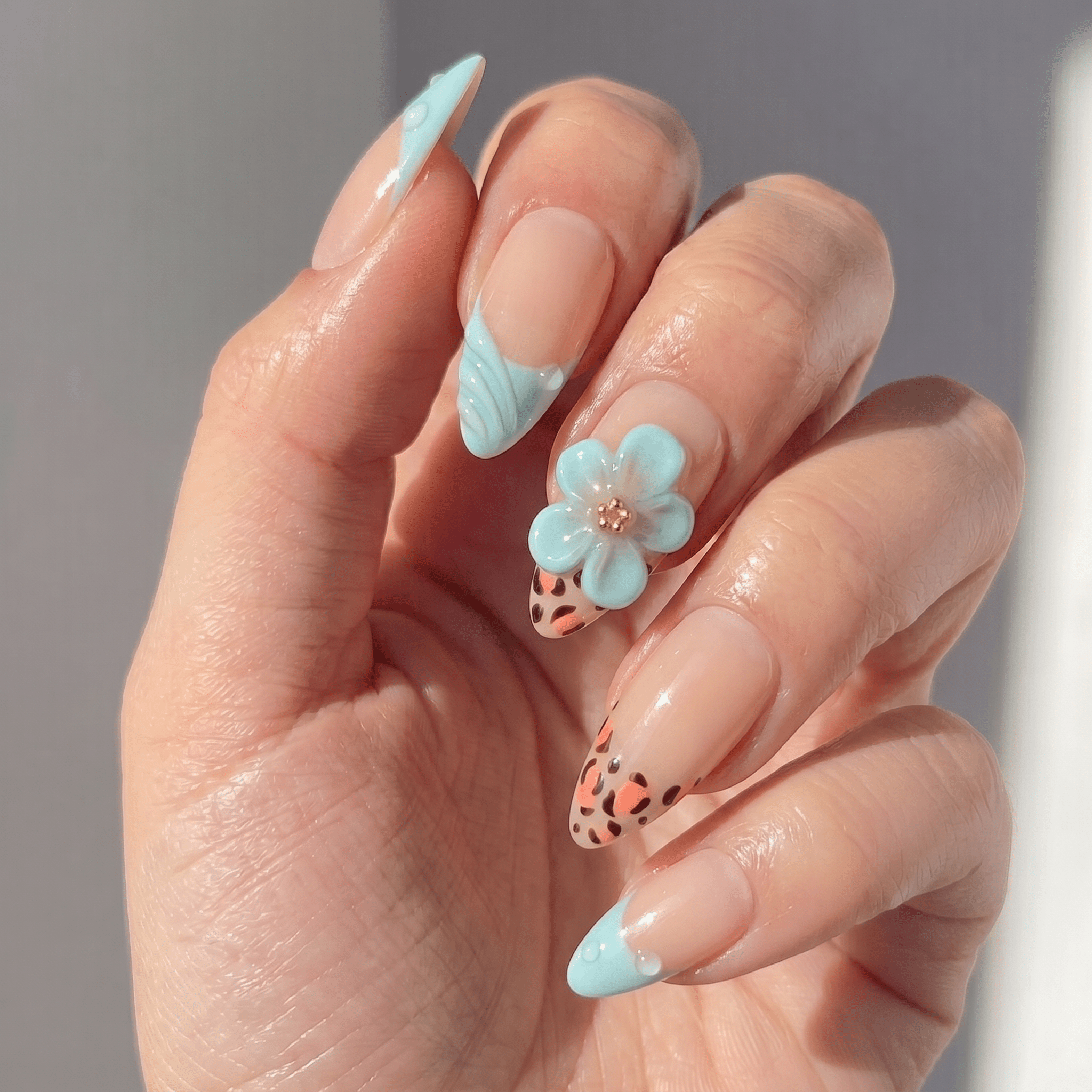Floral Leopard floral nail design – handmade press-on nails by Handora