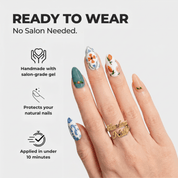 Floral Majolica almond press-on nails – design close-up by Handora