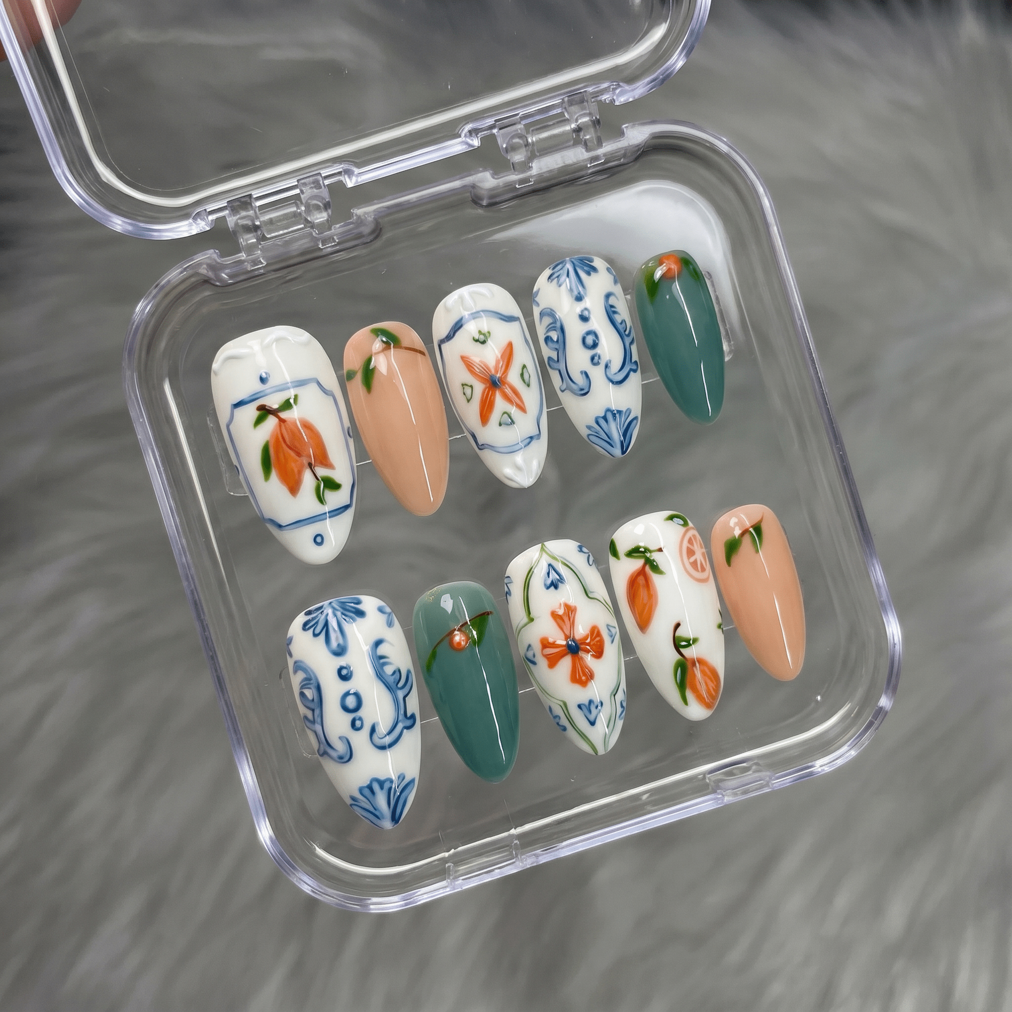 Floral Majolica salon-quality handmade press-on nails by Handora