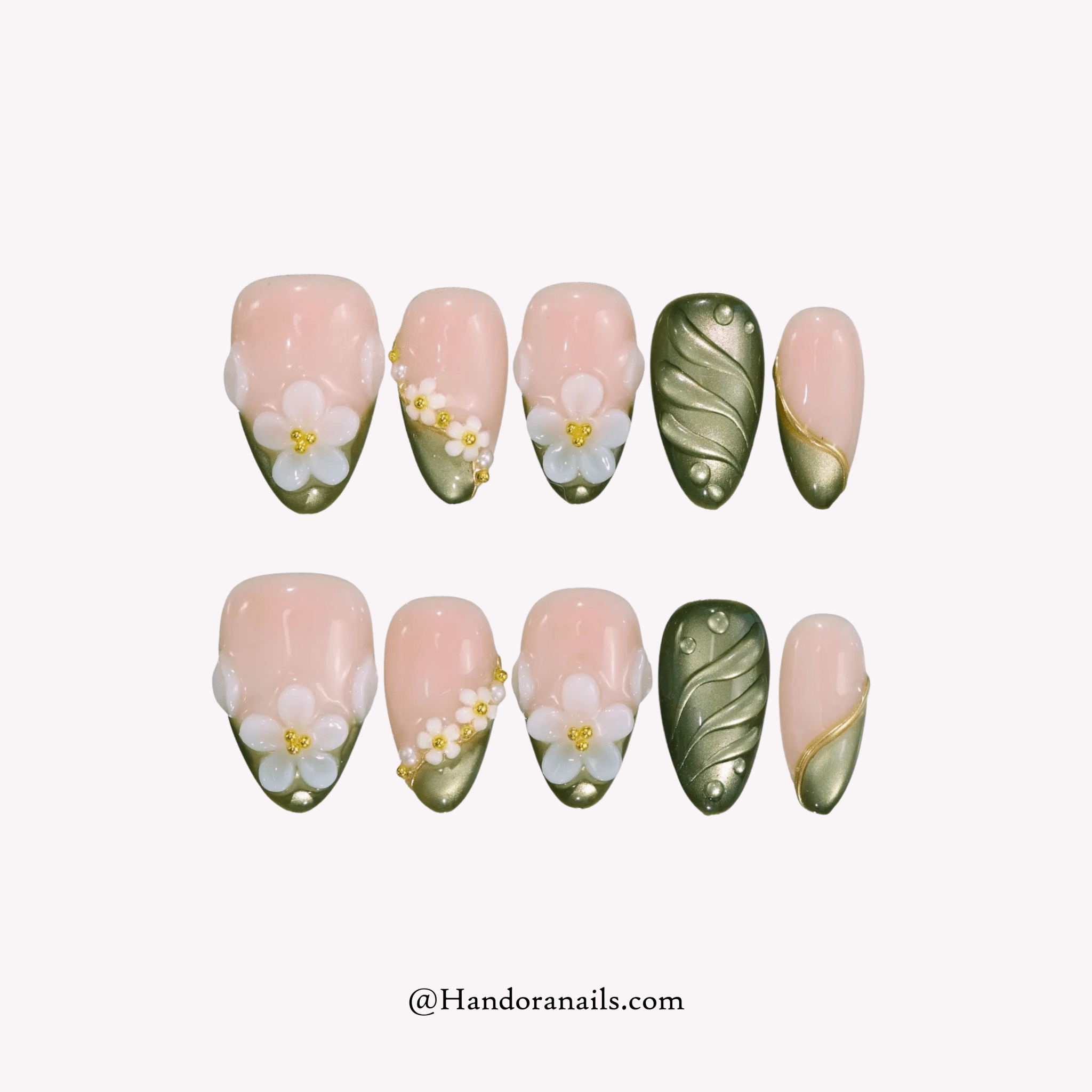 Floral Matcha floral press-on nails by Handora