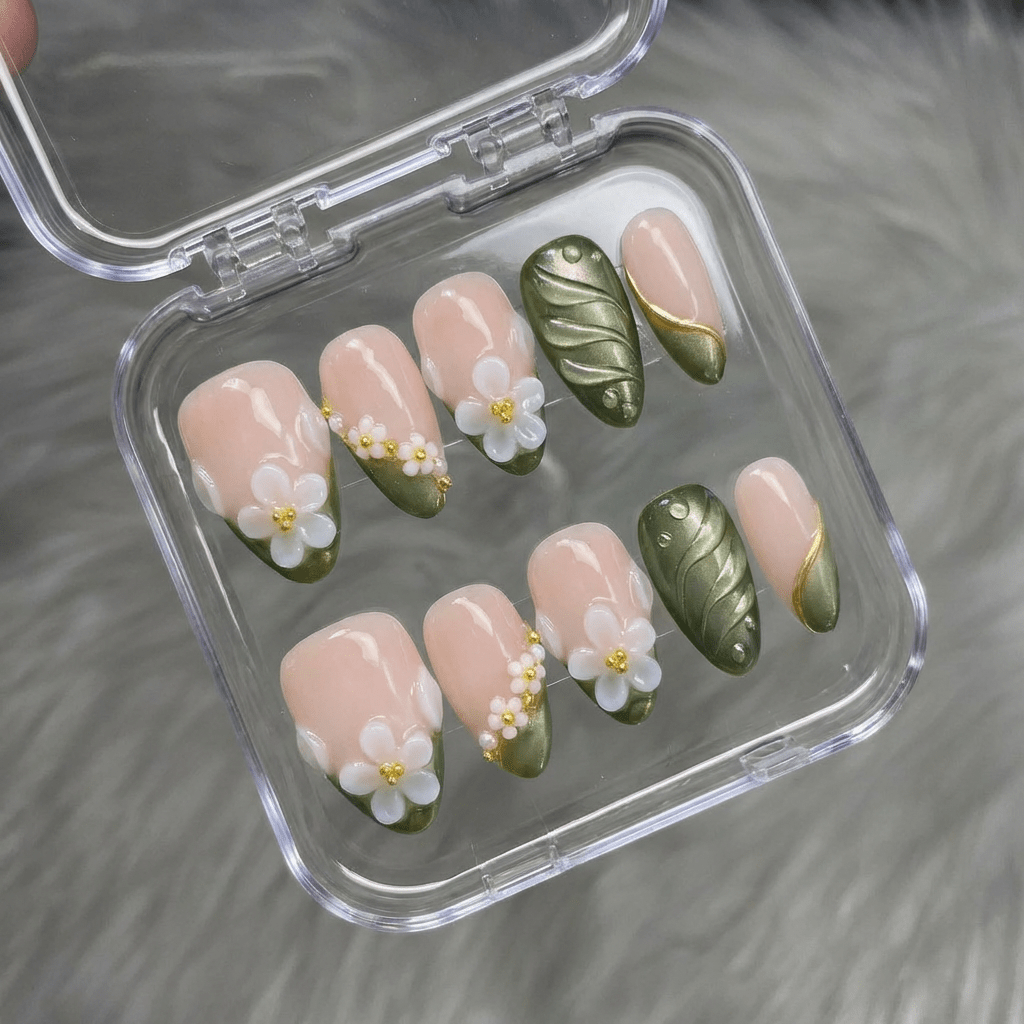 Floral Matcha floral nail design – handmade press-on nails by Handora