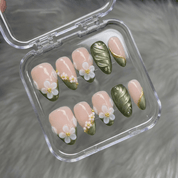 Floral Matcha floral nail design – handmade press-on nails by Handora