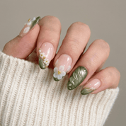 Floral Matcha press-on nails – design close-up by Handora