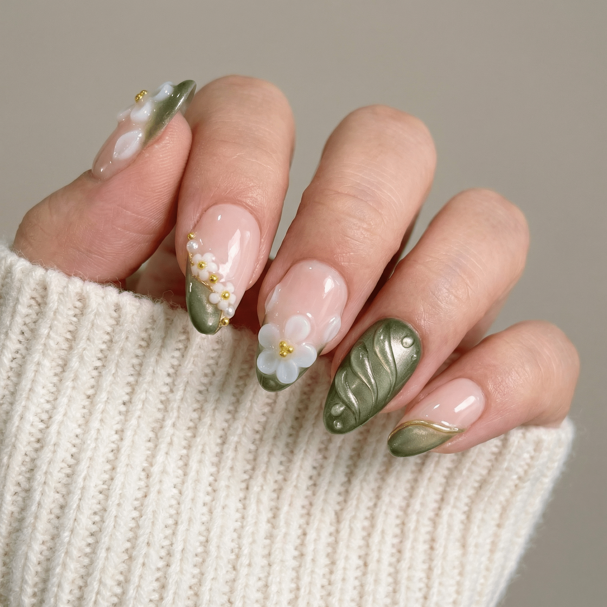 Floral Matcha press-on nails – design close-up by Handora