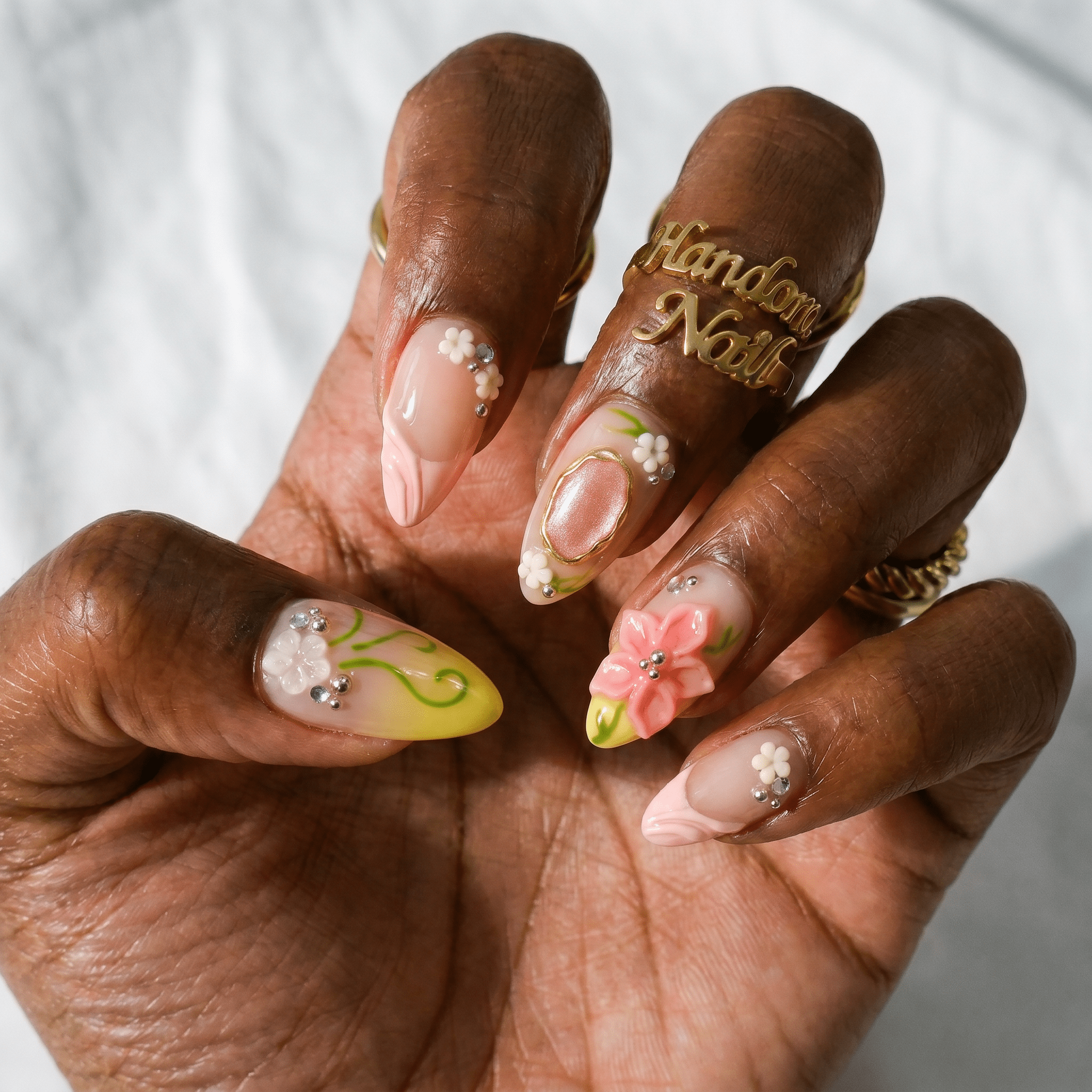 Floral Meadow press-on nails – hand-painted reusable gel set by Handora