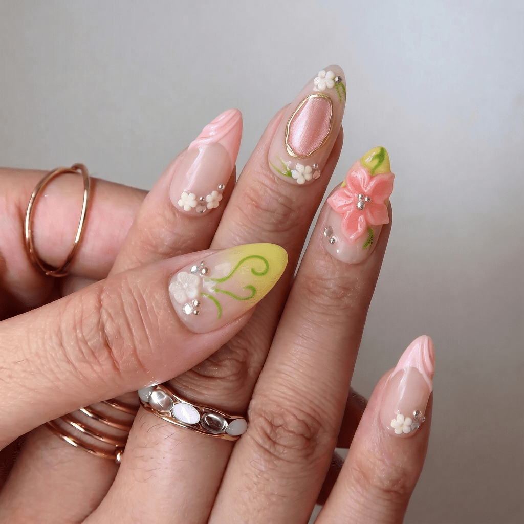 Floral Meadow floral nail design – handmade press-on nails by Handora