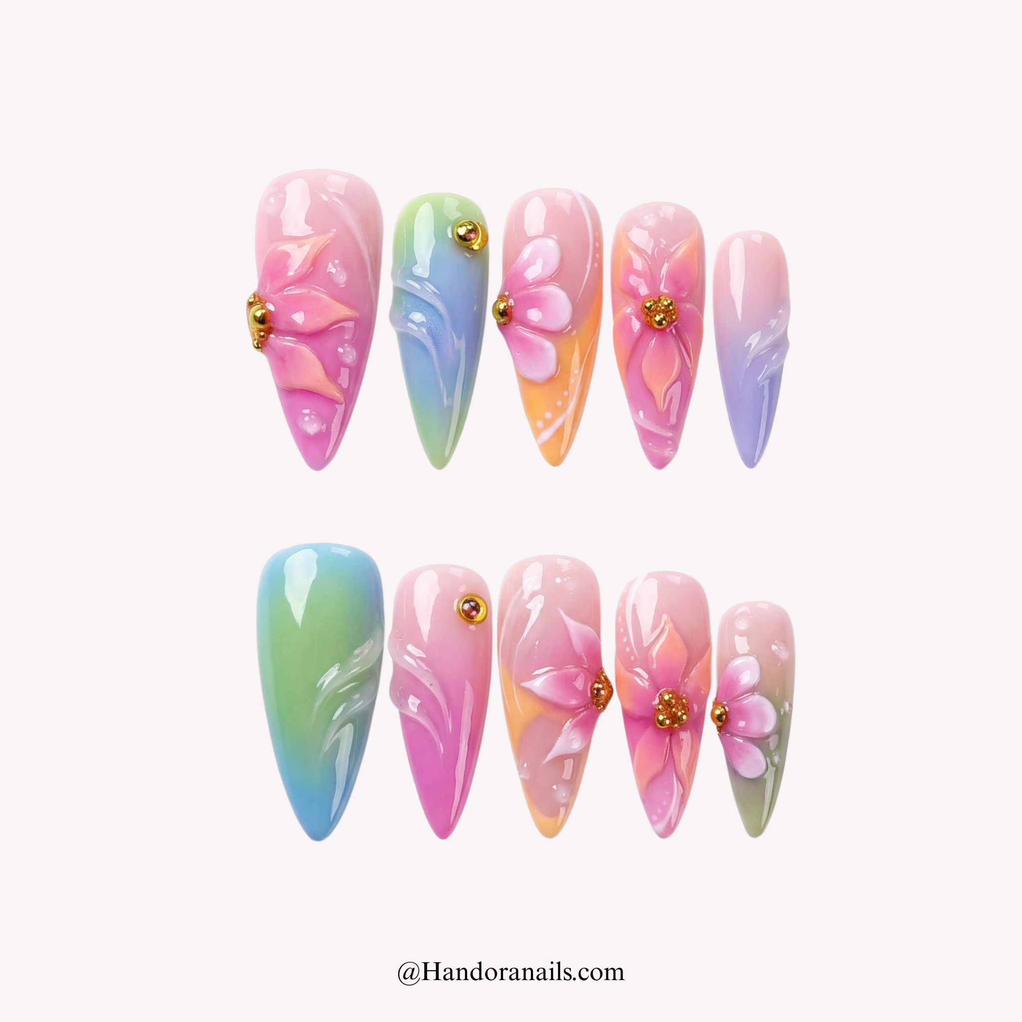 Floral Pastel almond floral press-on nails by Handora