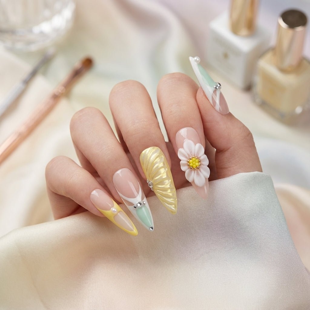 Floral Pearl press-on nails – hand-painted reusable gel set by Handora