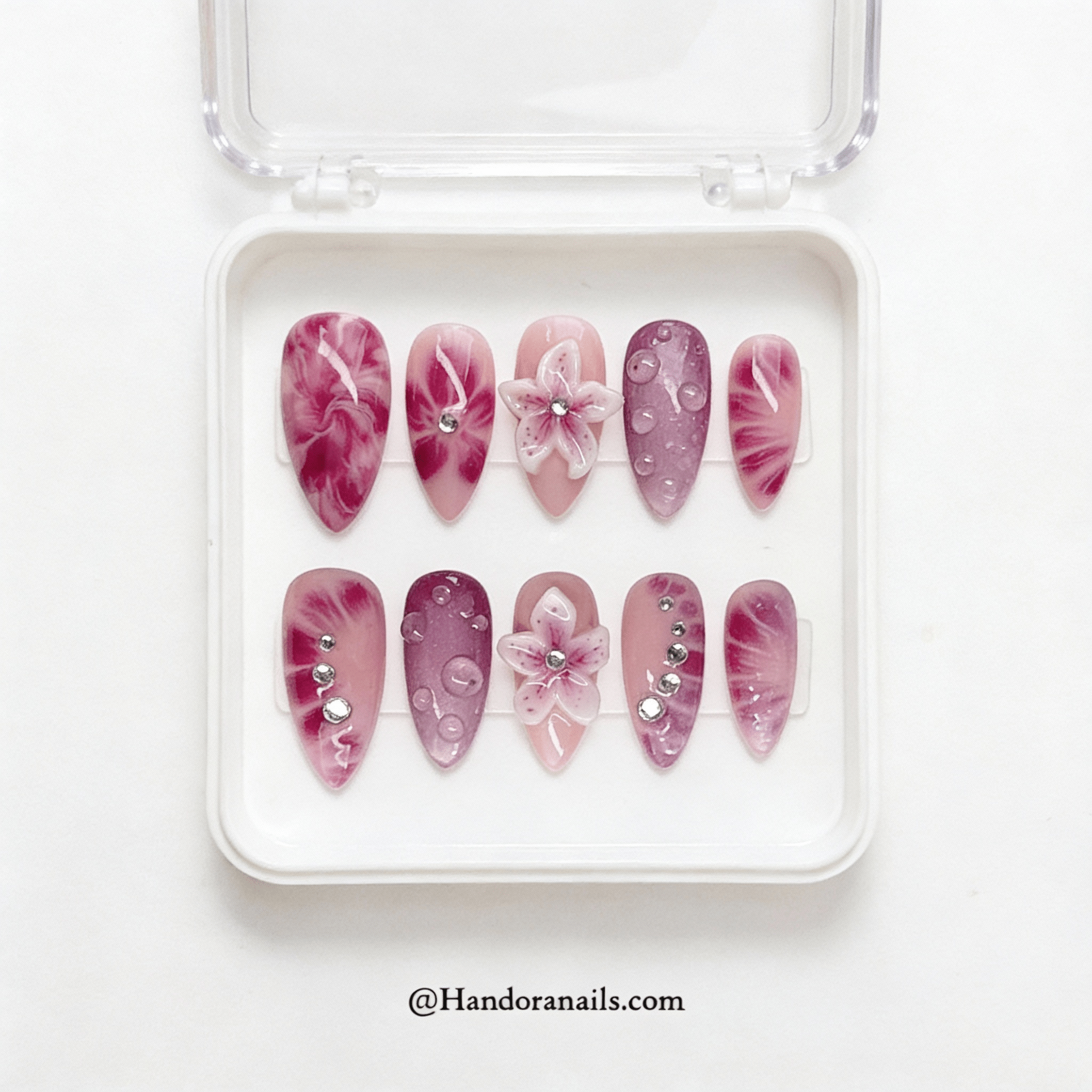 Floral Petals almond press-on nails – design close-up by Handora