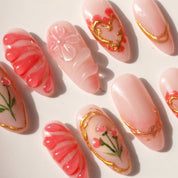 Floral Romance almond press-on nails – design close-up by Handora