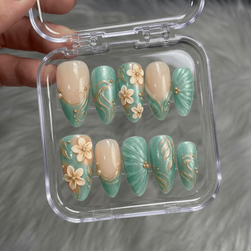 Floral Seafoam press-on nails by Handora