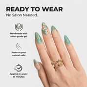 Floral Seafoam press-on nails – design close-up by Handora