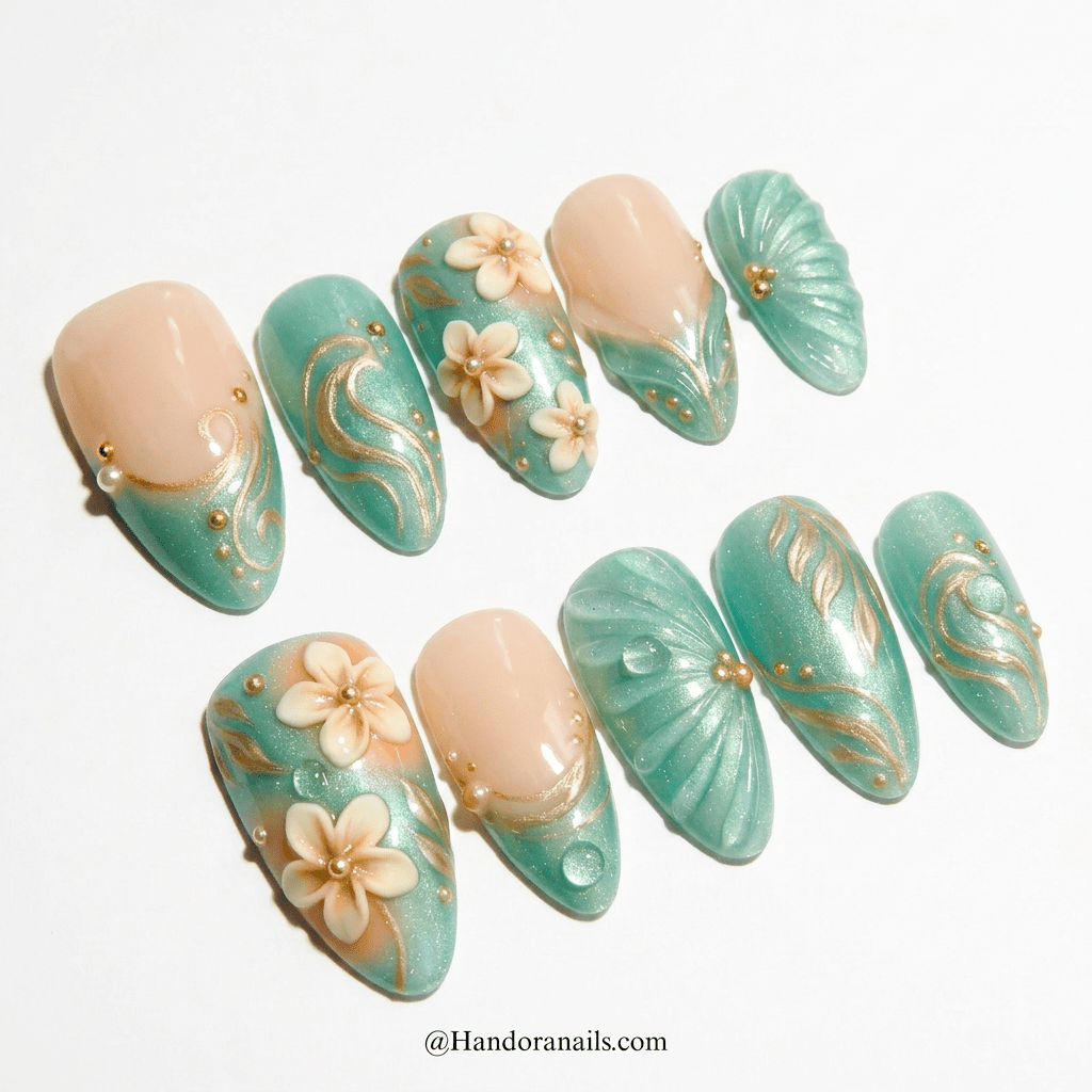 Floral Seafoam full press-on nail set – sizes XS–L by Handora