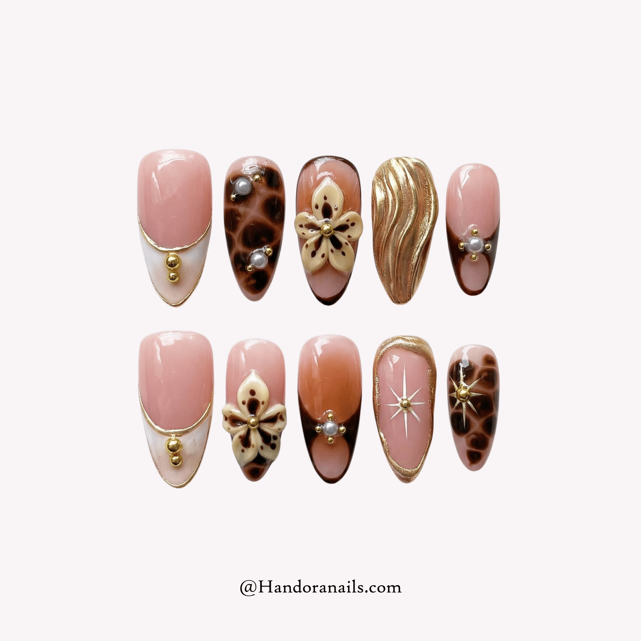 Floral Tortoise almond floral press-on nails by Handora