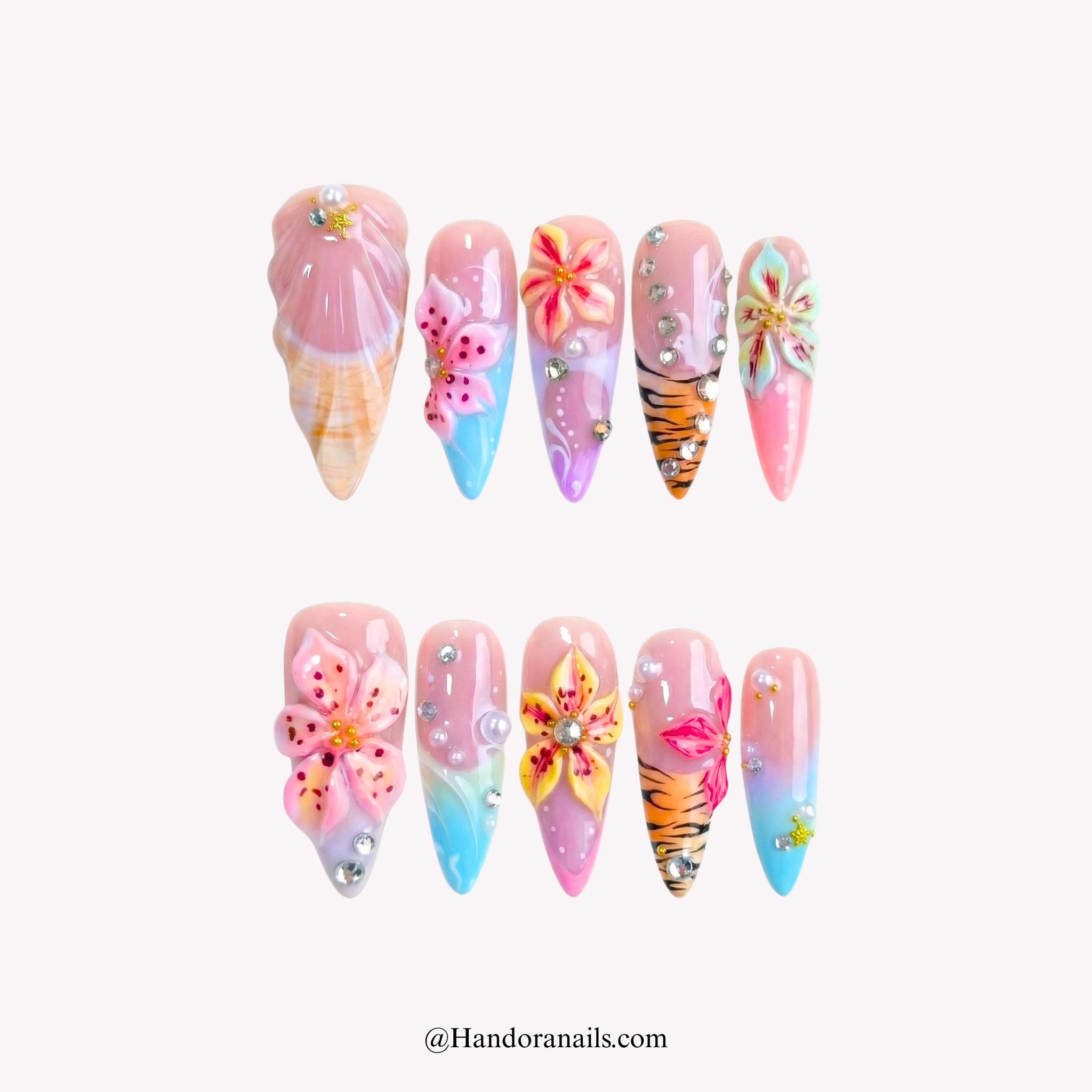 Floral Tropic almond floral press-on nails by Handora