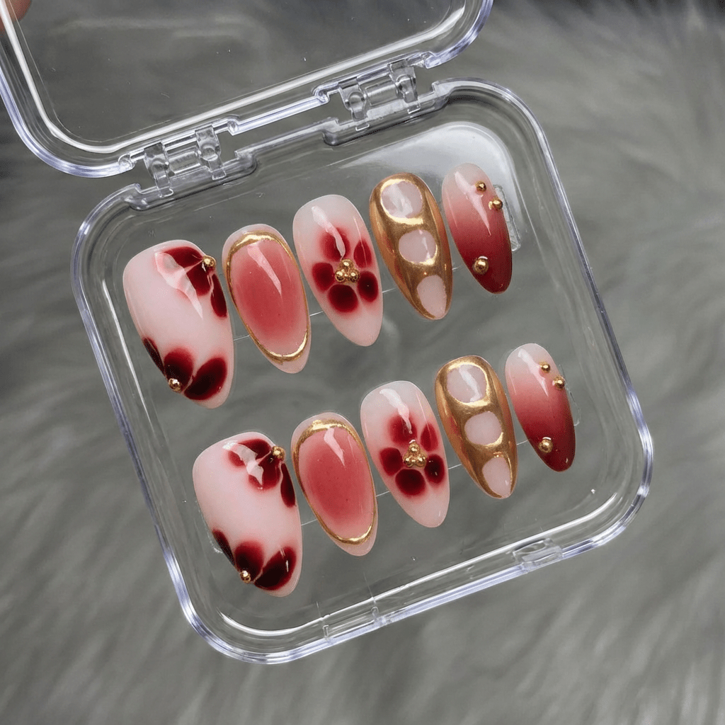 Floral Velvet almond press-on nails – design close-up by Handora