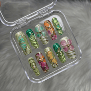 Floral Whimsy press-on nails – design close-up by Handora