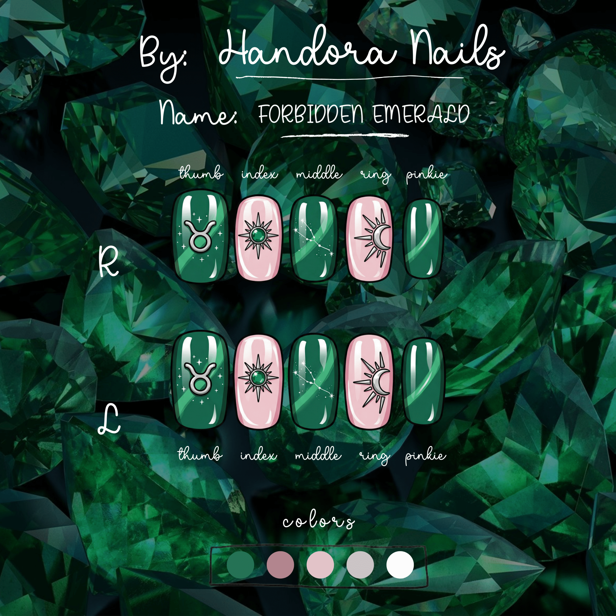 Forbidden Emerald press-on nails – design close-up by Handora