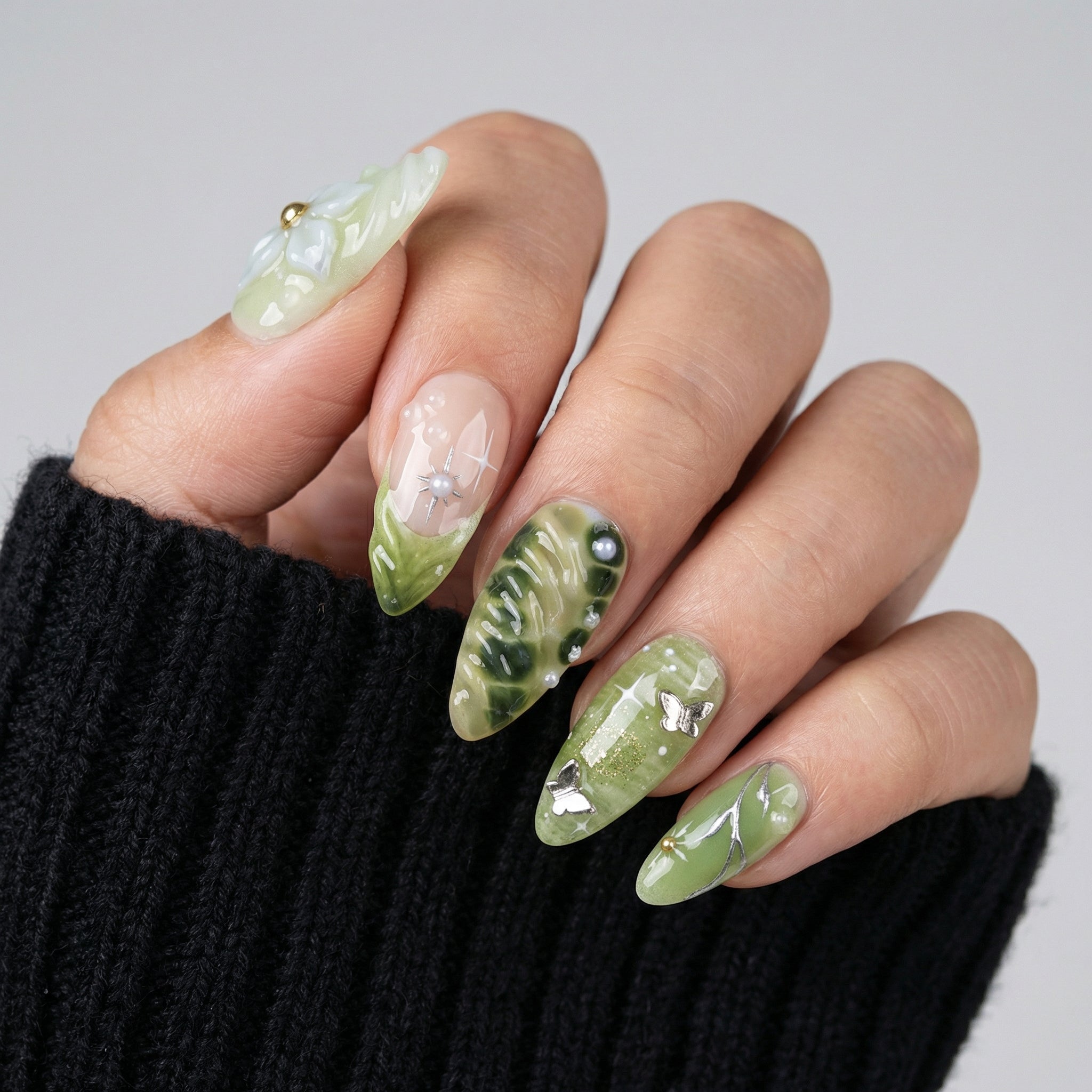 Forest Bloom press-on nails – hand-painted reusable gel set by Handora