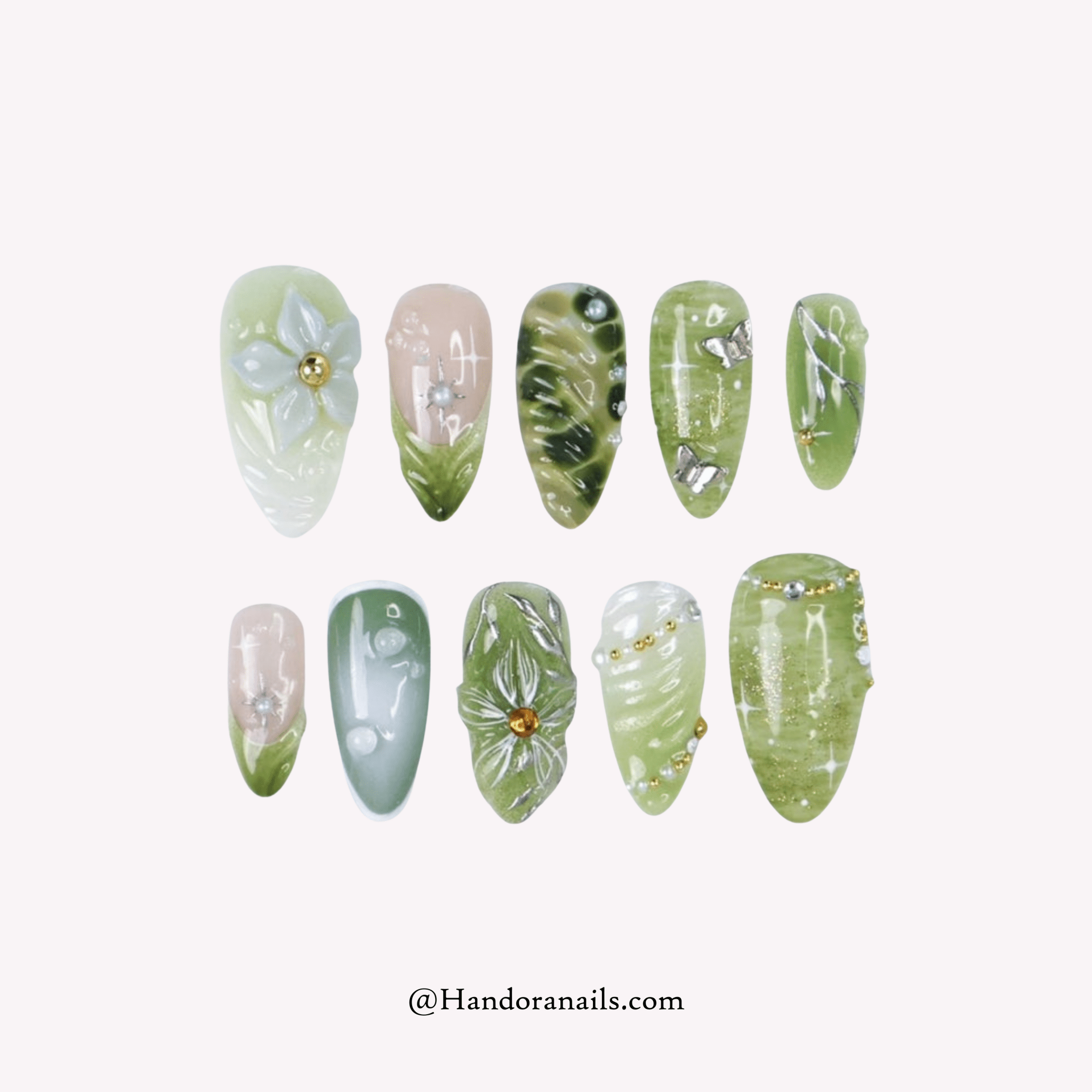 Forest Bloom green floral press-on nails by Handora