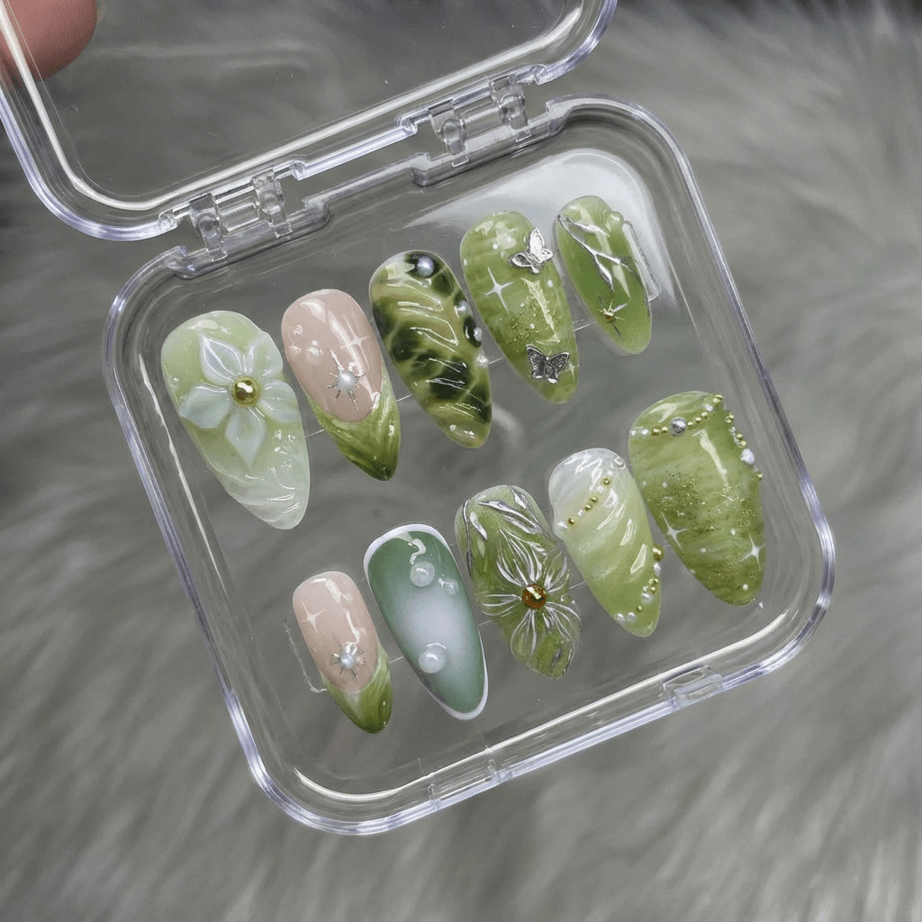 Forest Bloom press-on nails – design close-up by Handora