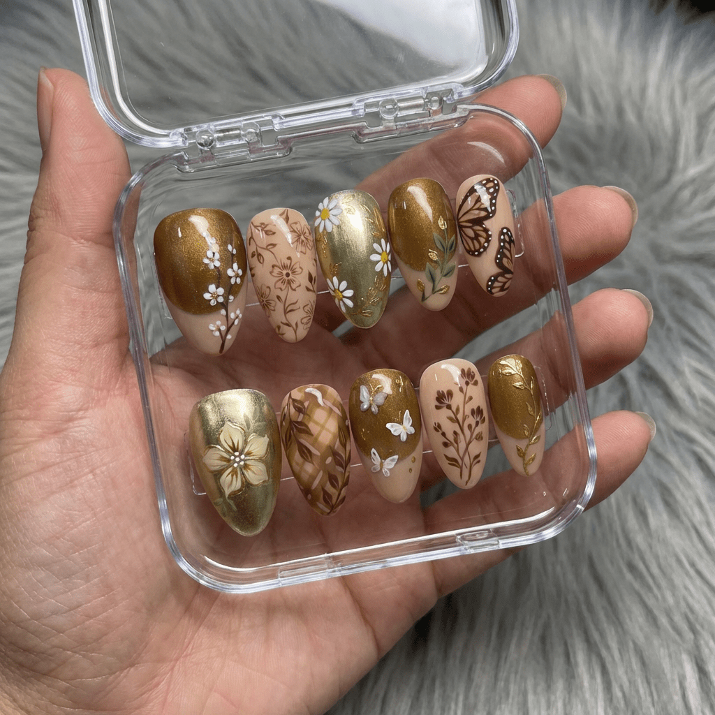 Forest Nymph press-on nails worn on hand – almond shape by Handora