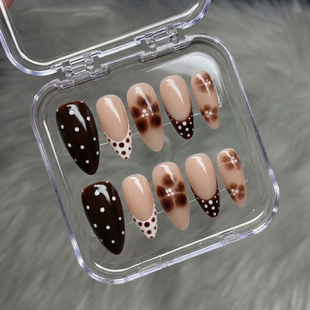 Polka Bloom press-on nails – hand-painted reusable gel set by Handora
