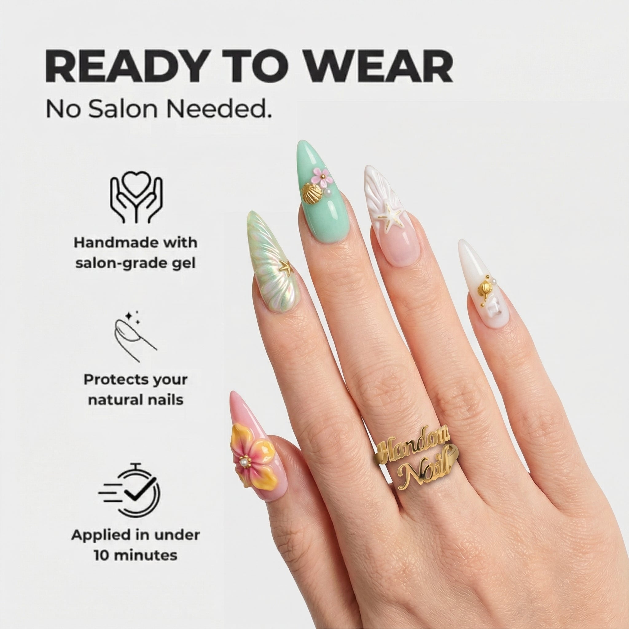 Golden Mermaid stiletto press-on nails – design close-up by Handora