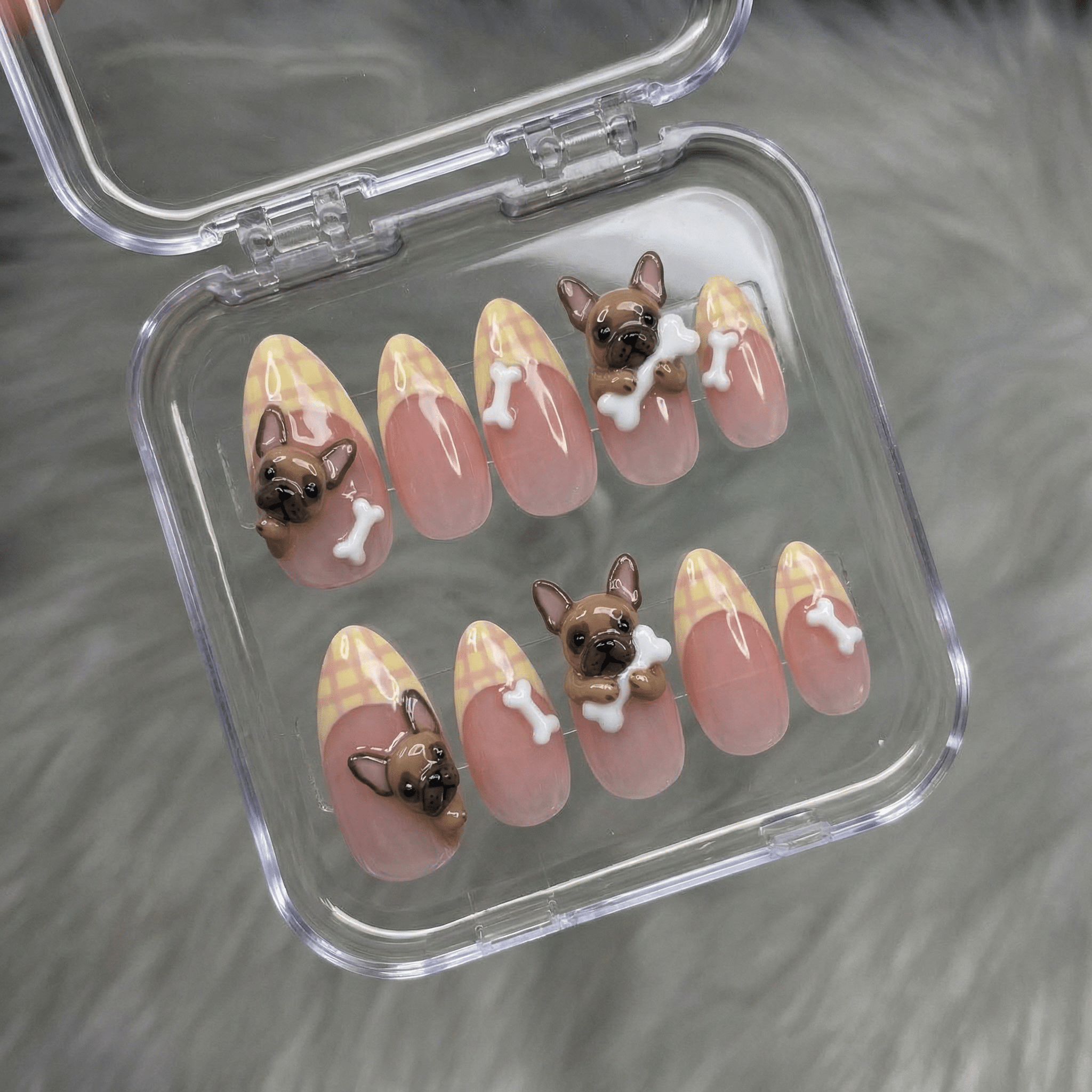 Frenchie Plaid kawaii nail design – handmade press-on nails by Handora