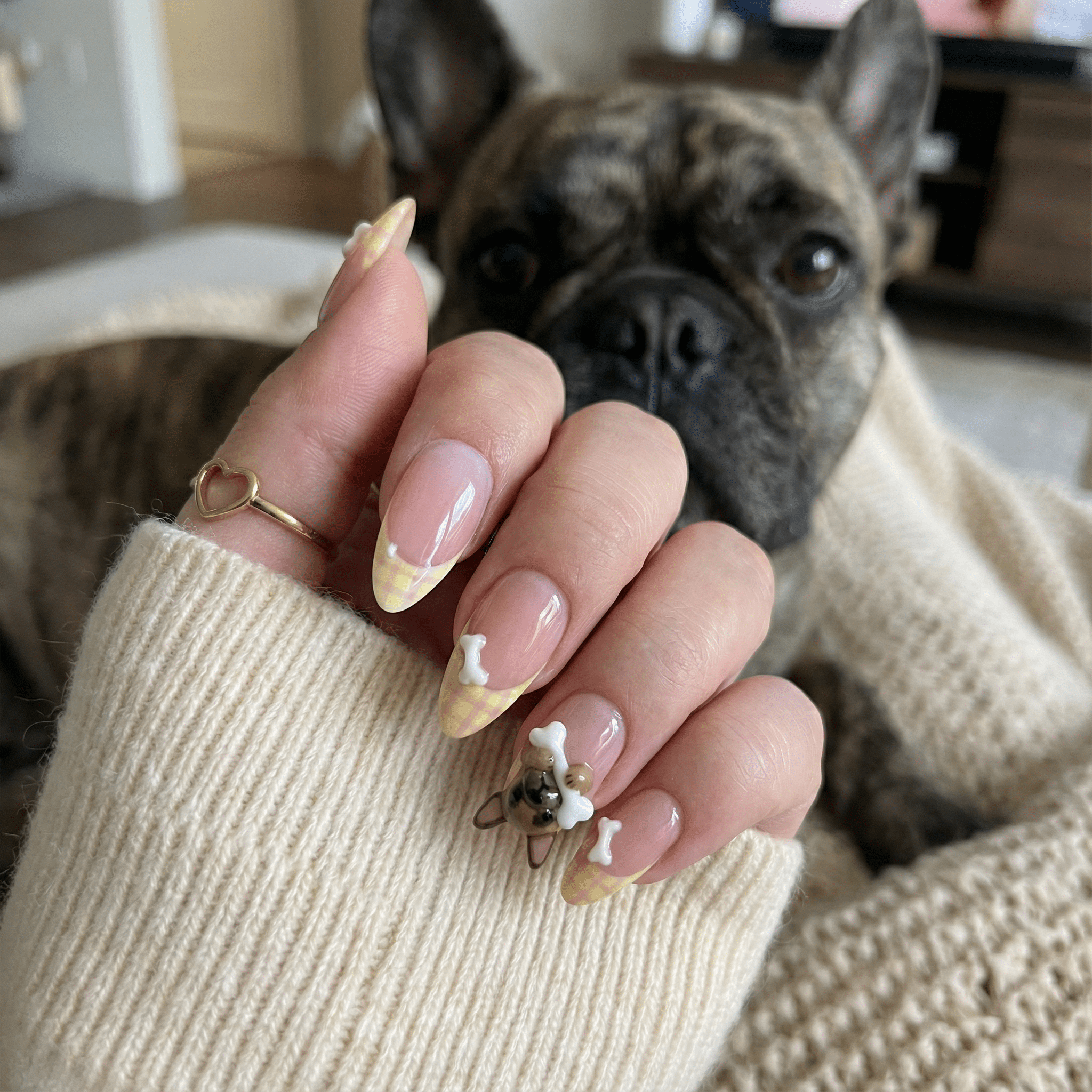 Frenchie Plaid press-on nails – hand-painted reusable gel set by Handora