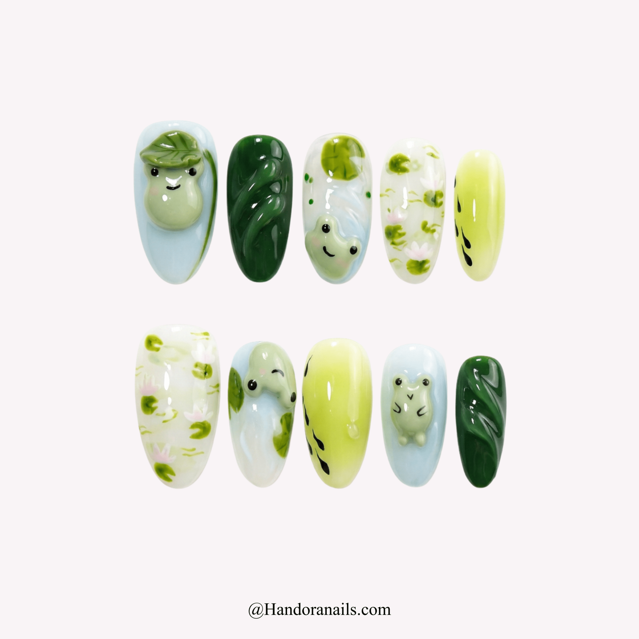 Froggy Pond kawaii press-on nails by Handora