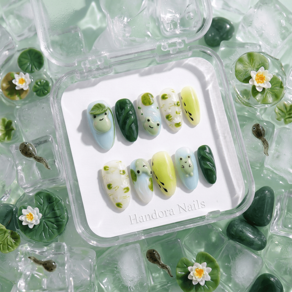 Froggy Pond press-on nails – hand-painted reusable gel set by Handora