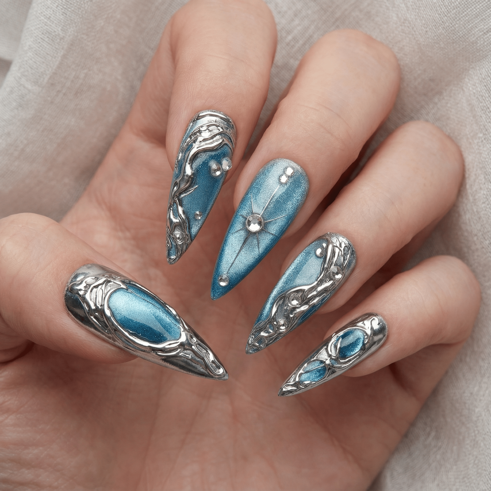 Frost Nebula press-on nails – hand-painted reusable gel set by Handora