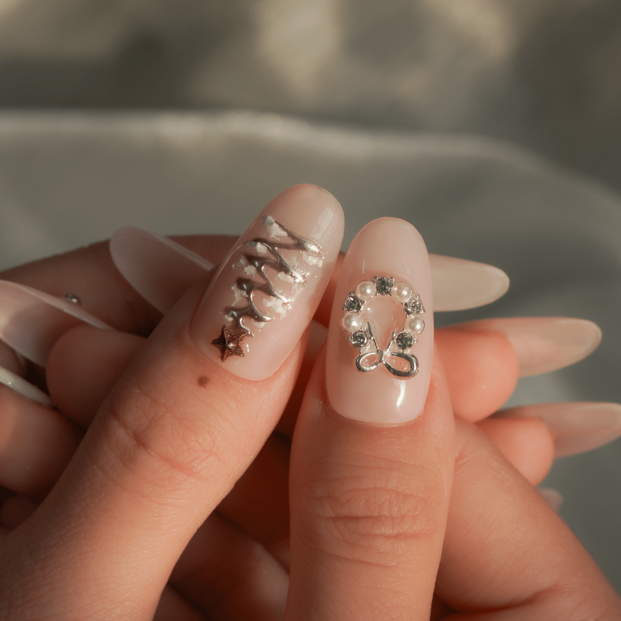 Frosted Pink almond press-on nails – design close-up by Handora