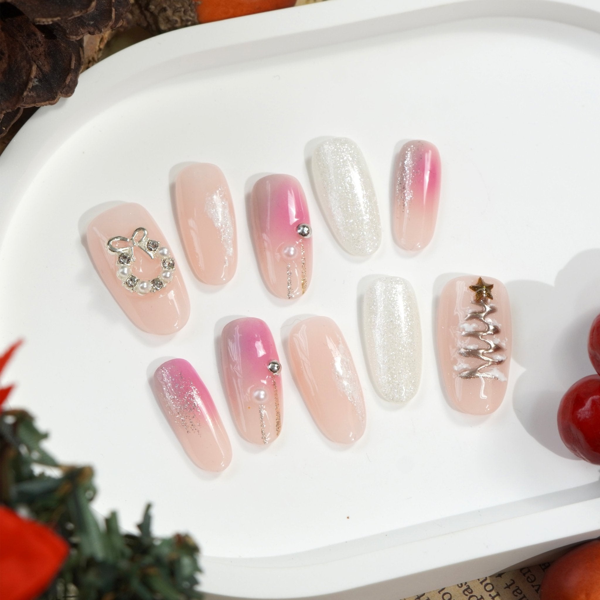 Frosted Pink pink almond winter press-on nails by Handora