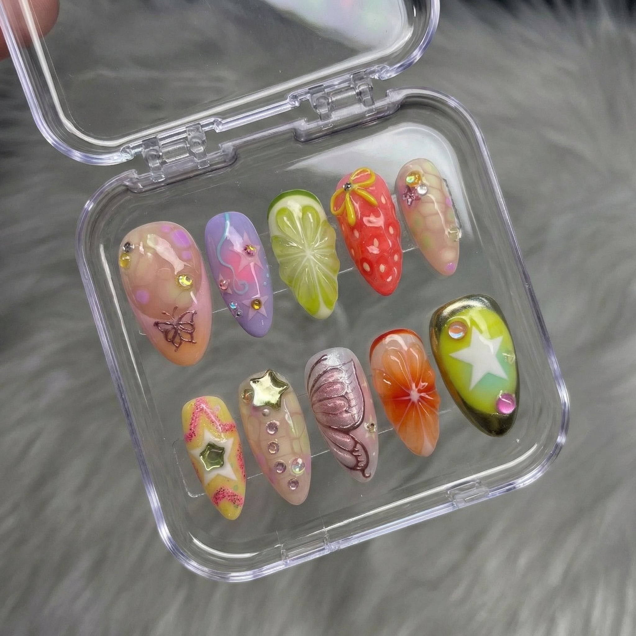 Fruit Carnival summer nail design – handmade press-on nails by Handora