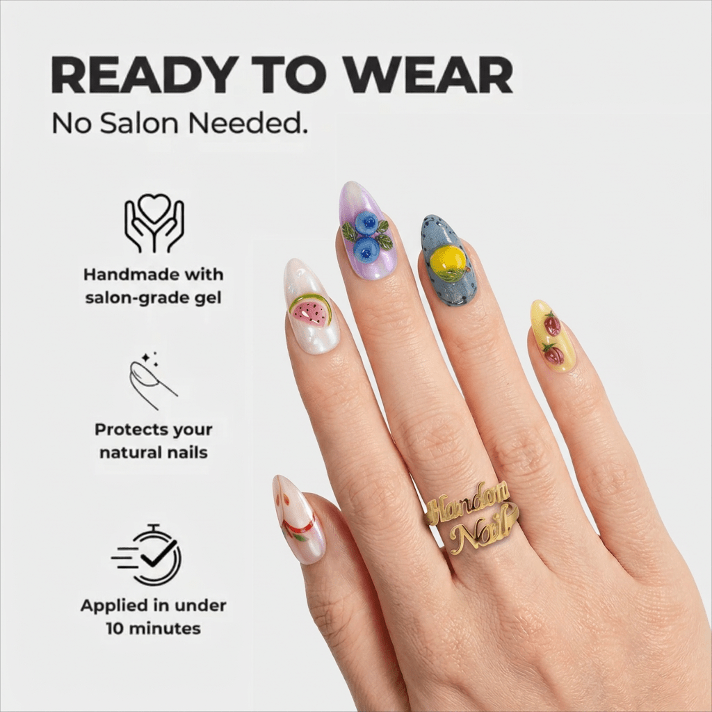 Fruit Punch press-on nails – design close-up by Handora