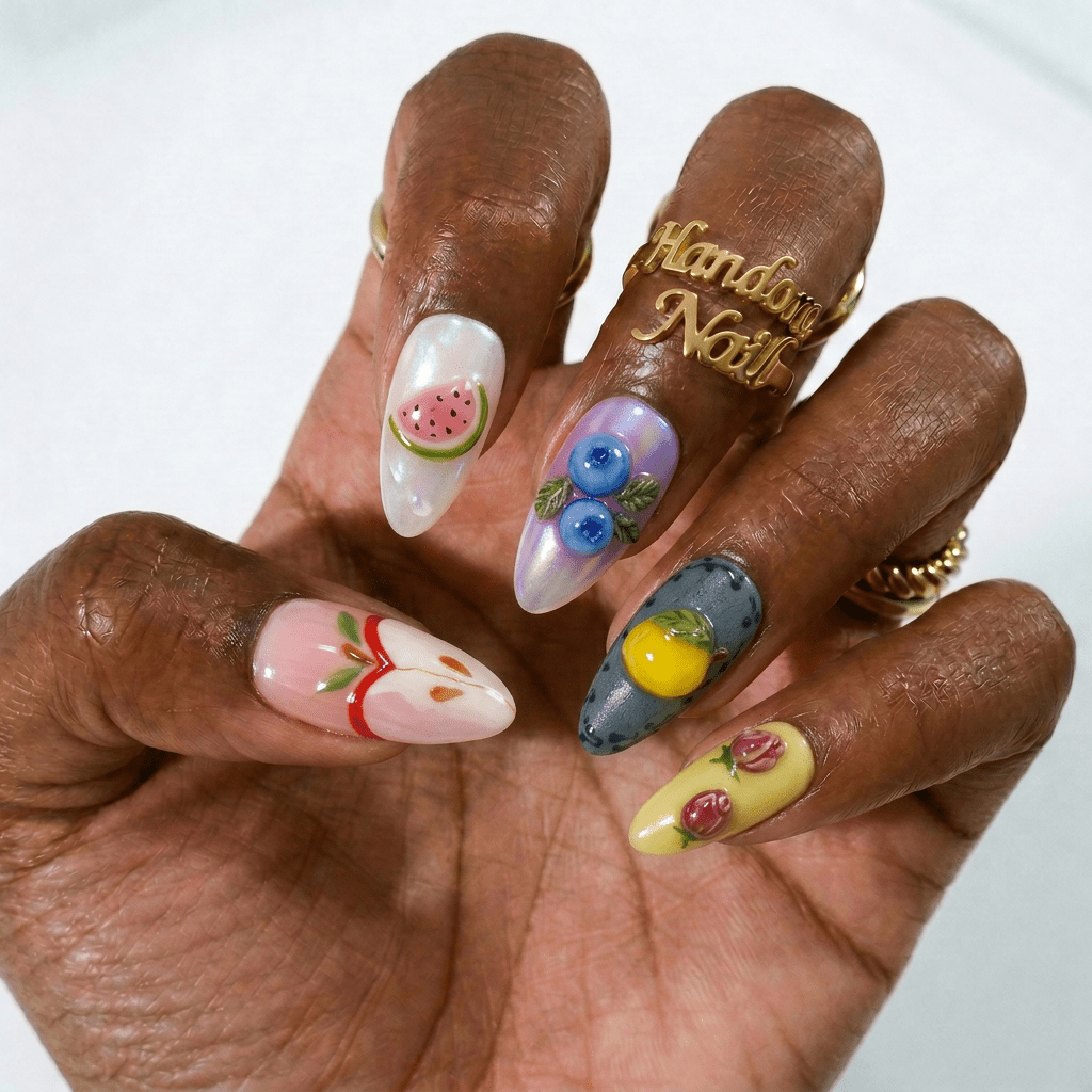 Fruit Punch press-on nails worn on hand – almond shape by Handora