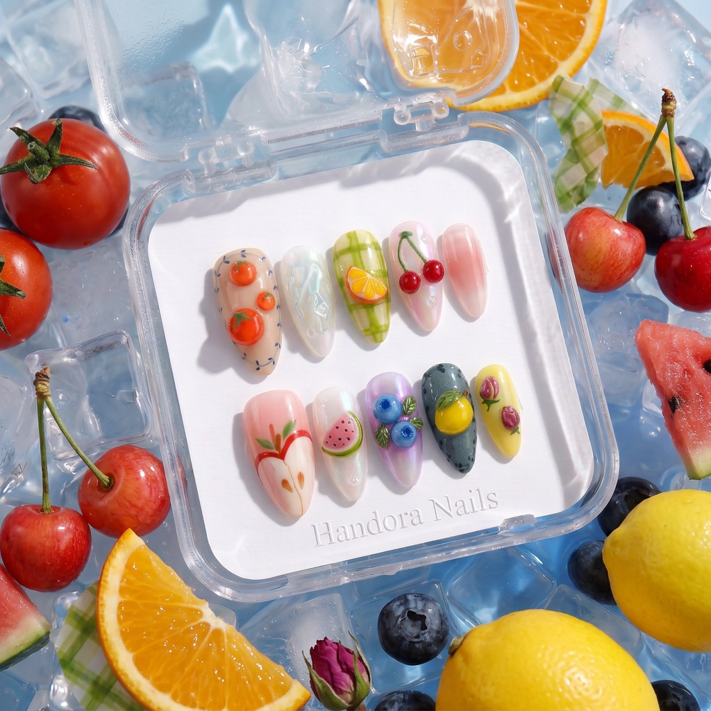 Fruit Punch press-on nails – hand-painted reusable gel set by Handora