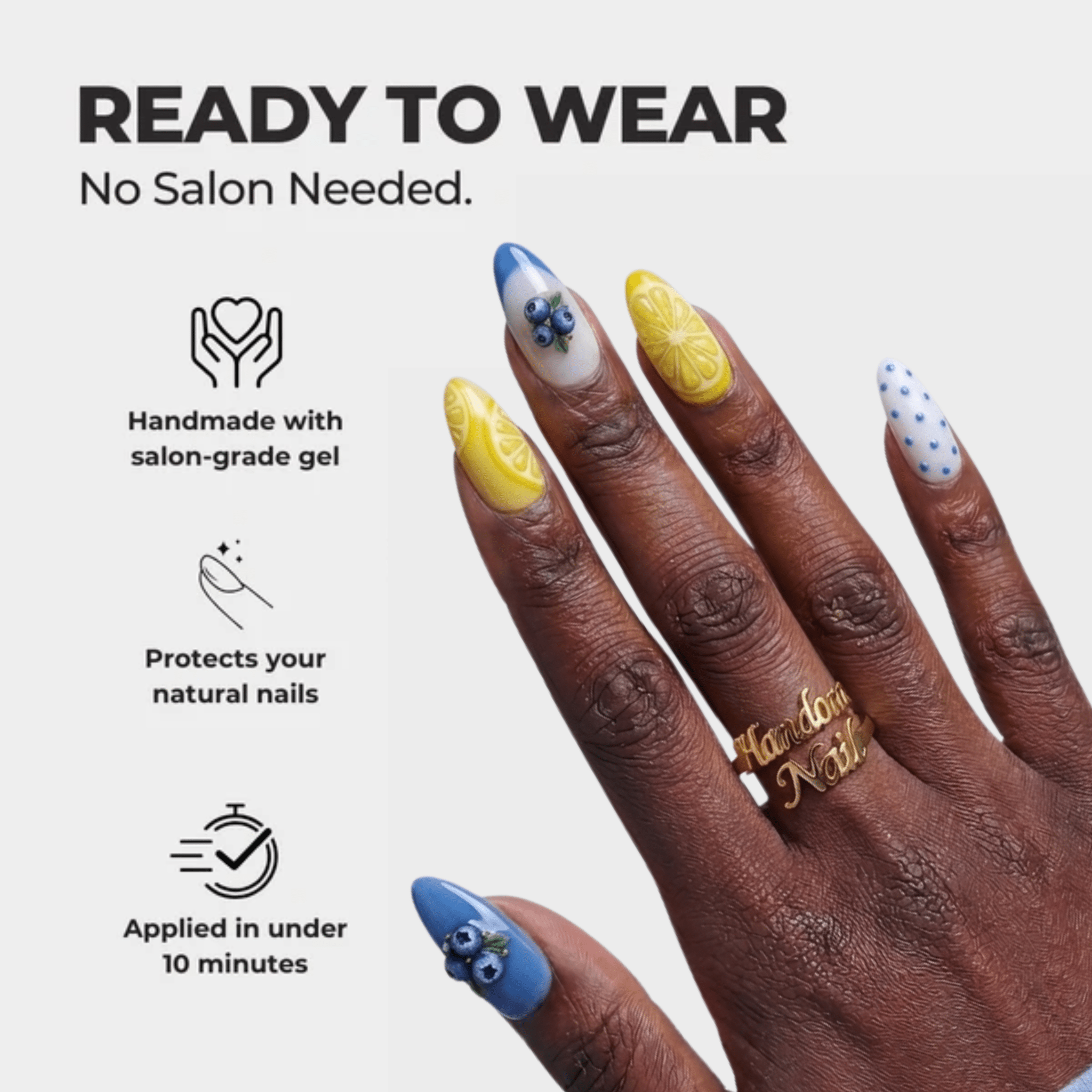 Fruit Sorbet press-on nails – design close-up by Handora