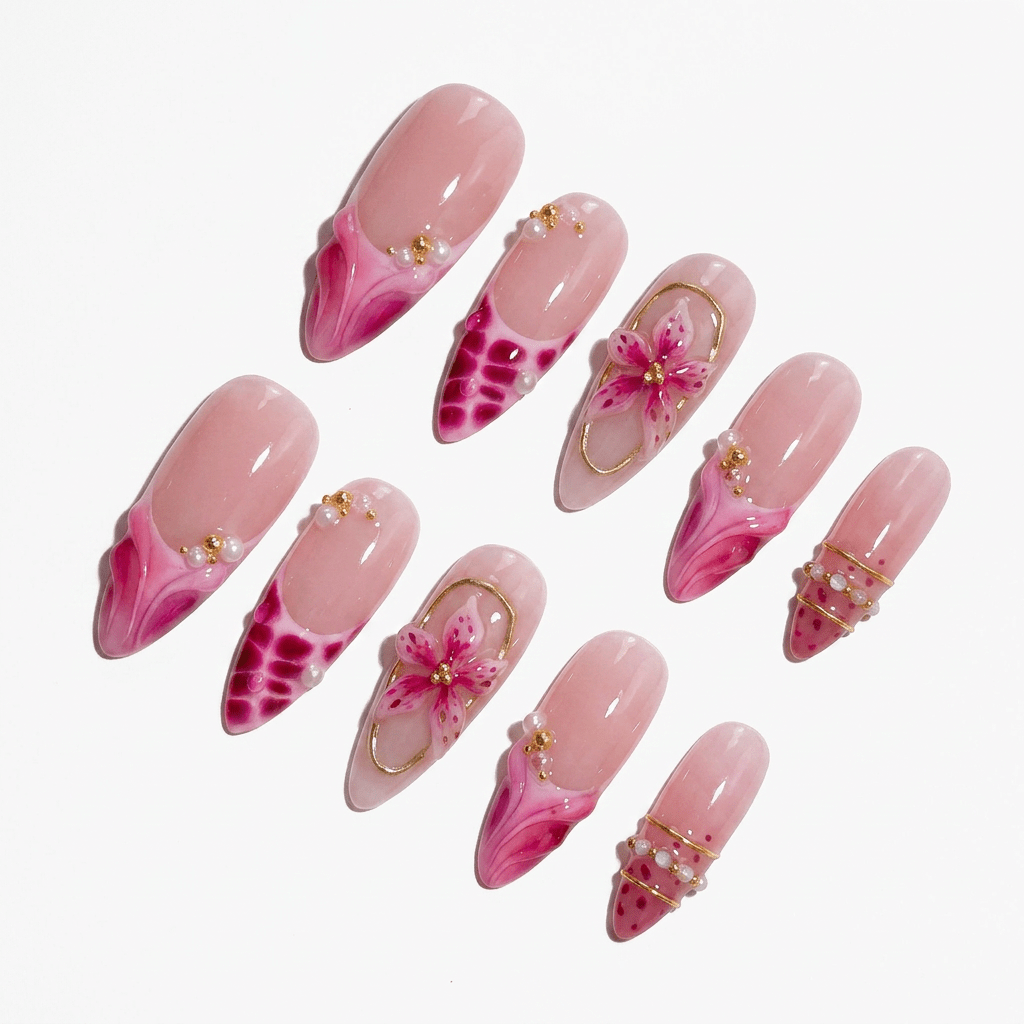 Fuchsia Flora floral nail design – handmade press-on nails by Handora