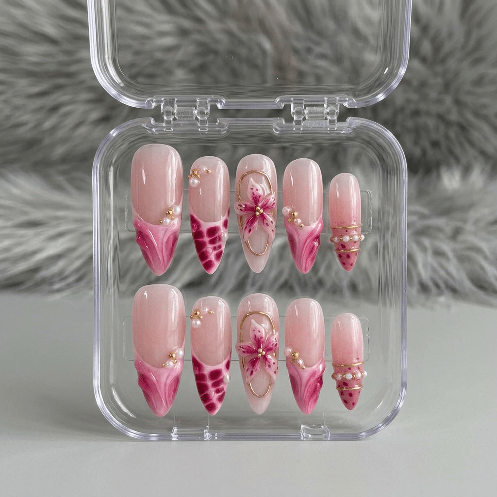 Fuchsia Flora almond press-on nails – design close-up by Handora