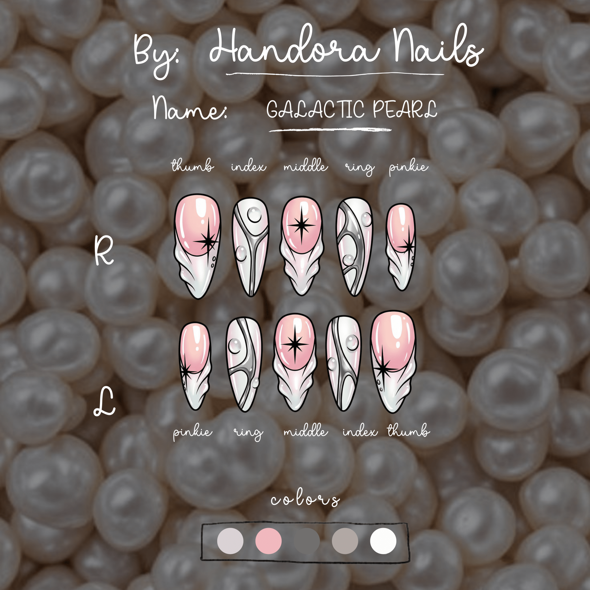 Galactic Pearl almond press-on nails – design close-up by Handora