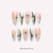 Galactic Pearl white almond 3d press-on nails by Handora