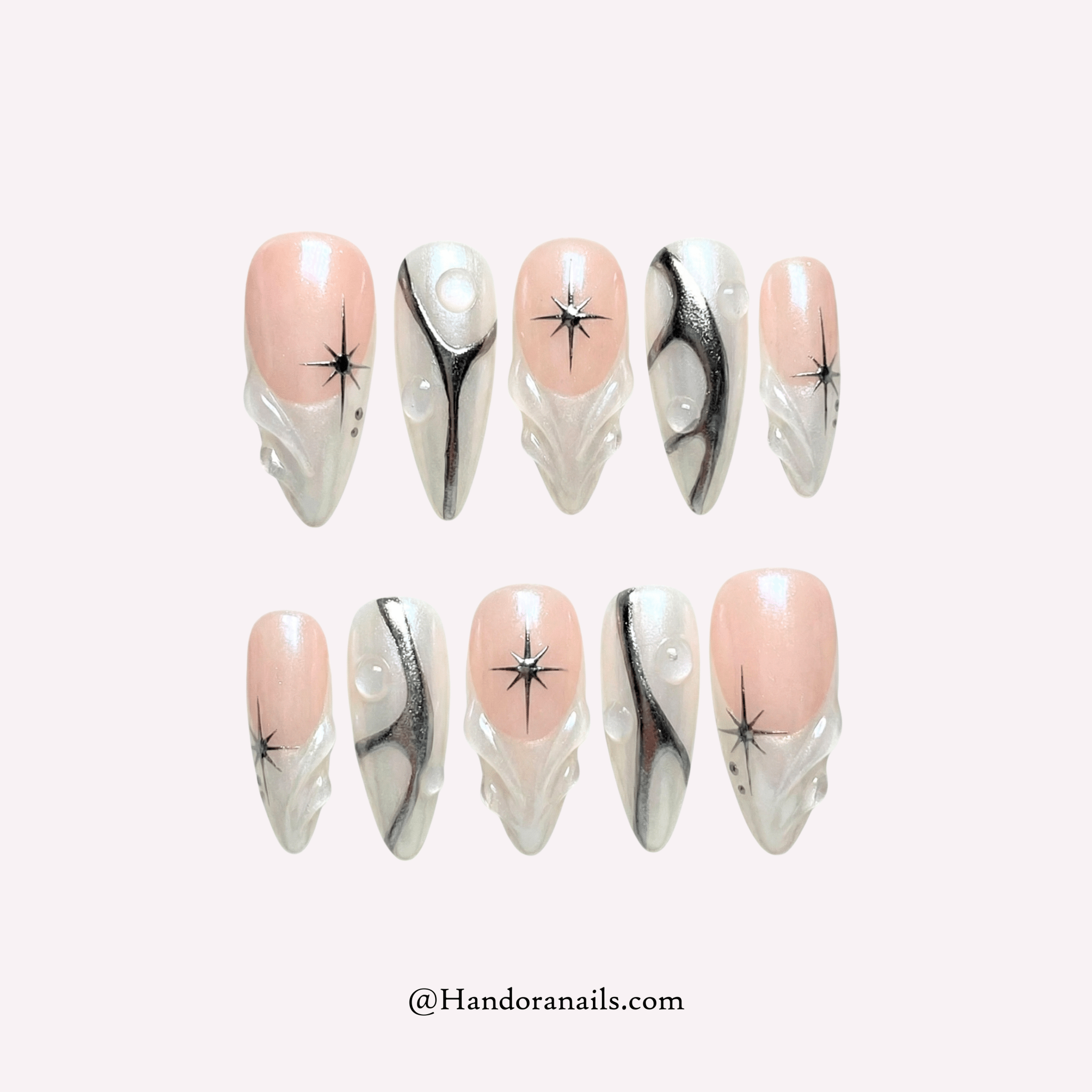 Galactic Pearl white almond 3d press-on nails by Handora