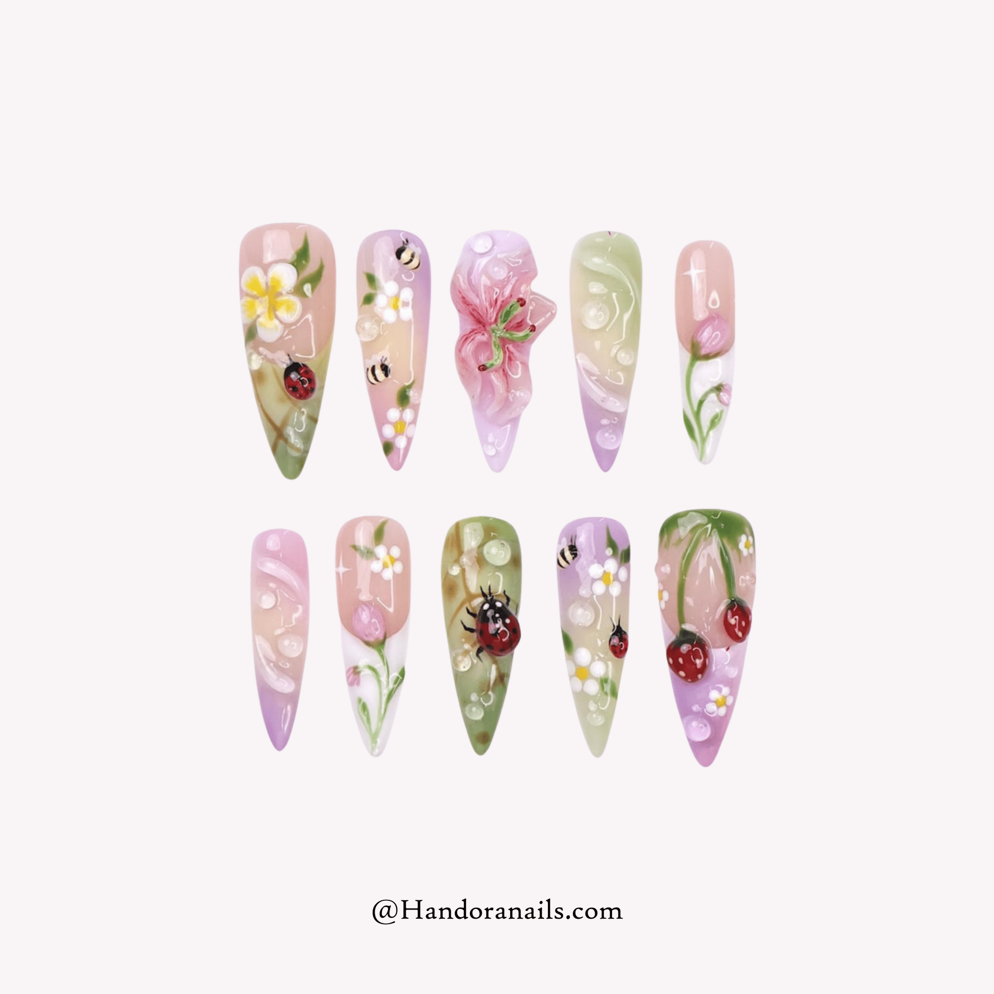 Garden Whisper almond floral press-on nails by Handora