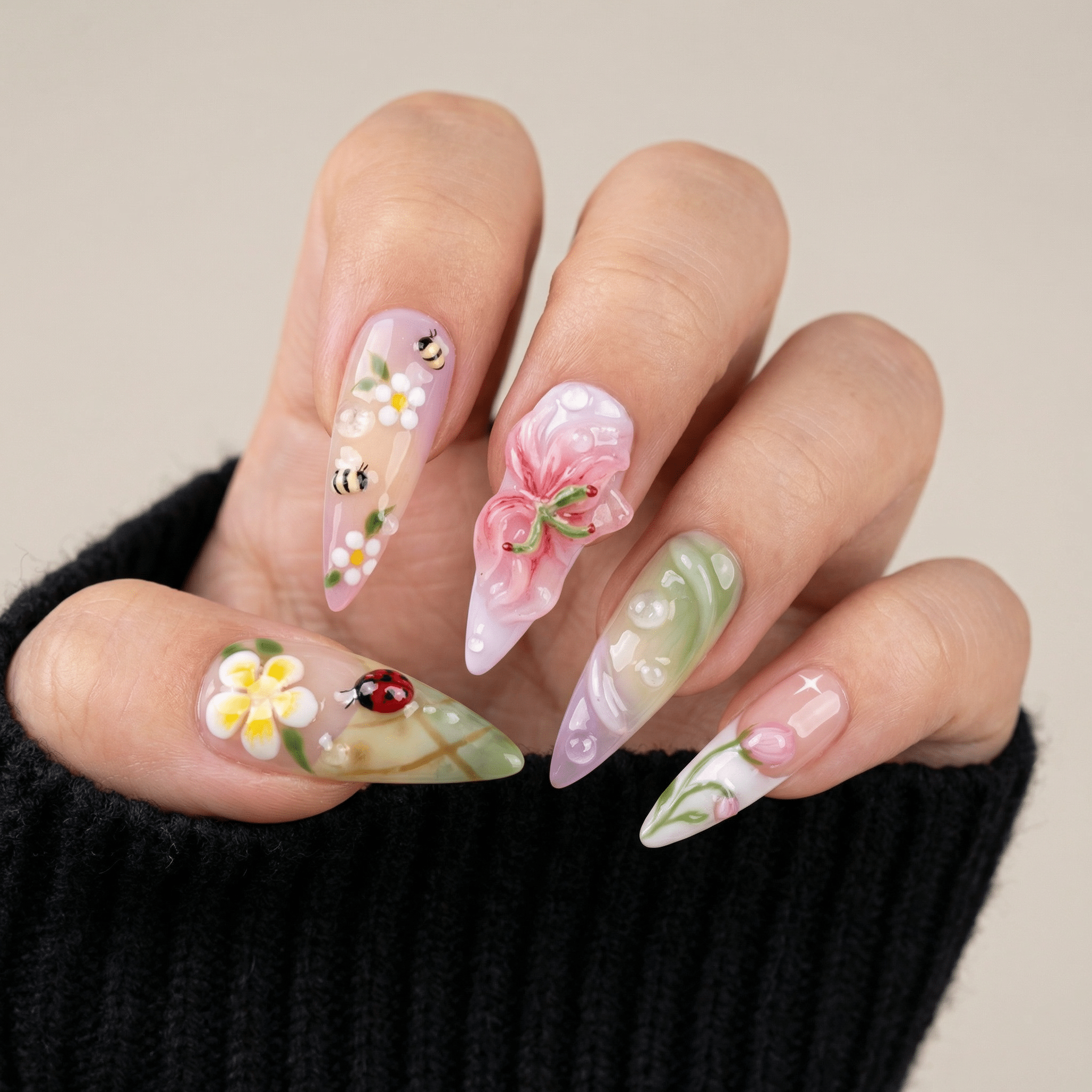 Garden Whisper press-on nails – hand-painted reusable gel set by Handora